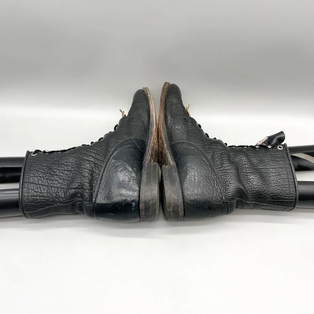 Justin Mens 11 D Lace Up Kiltie Work Boots Black Pebbled Leather VTG Rugged